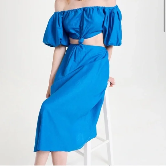 FARM Rio Blue Off-Shoulder Linen Midi Knot Dress Cutout Size L NWT - Picture 2 of 11